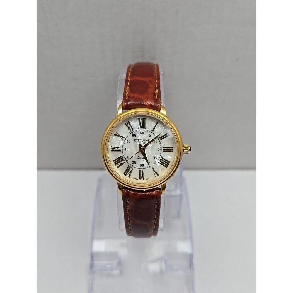 Executive By JC Ladies Quartz Watch Roman Numeral Gold Tone Leather New Battery